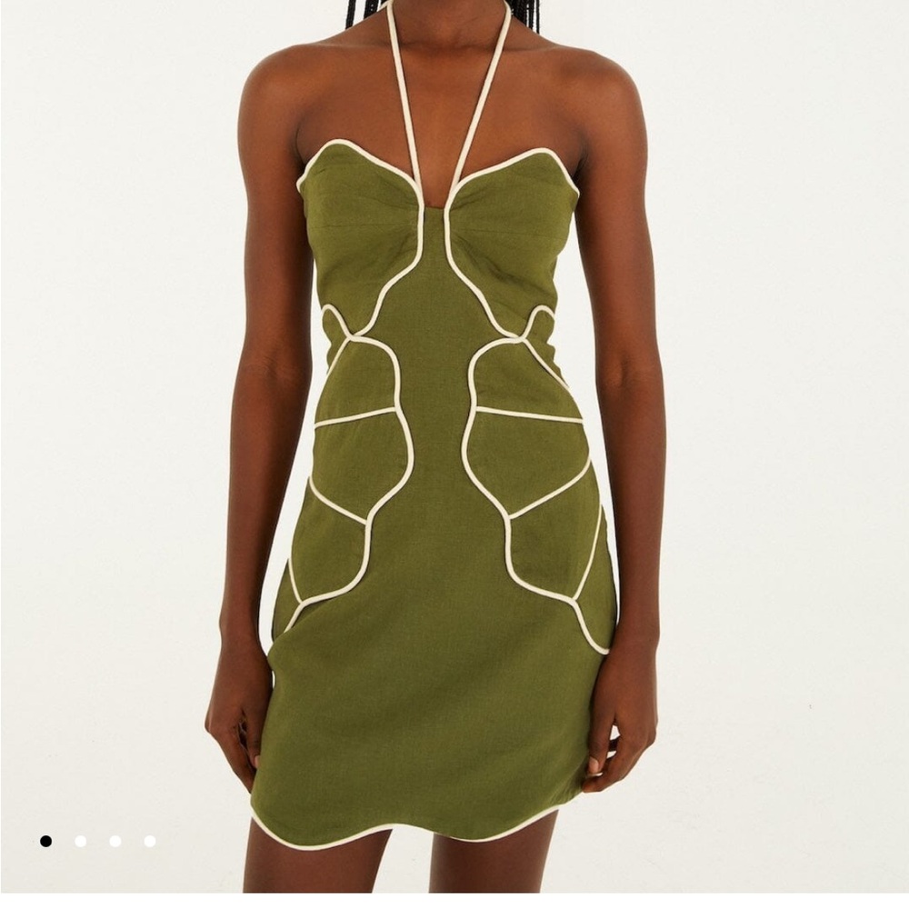 FarmRio Green Wavy Trim Halter Lenzing™ Ecovero™ Euroflax™ Mini Dress- Worn Once